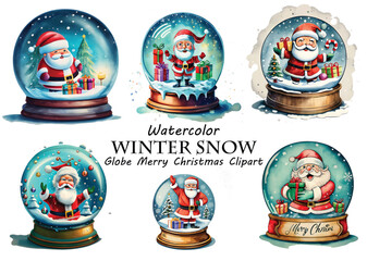 Watercolor Winter Snow Globe Merry Christmas Clipart
