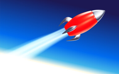 Naklejka na ściany i meble Vector illustration of flying red space ship with flame and cloud smoke on blue color background. 3d style design of business startup symbol