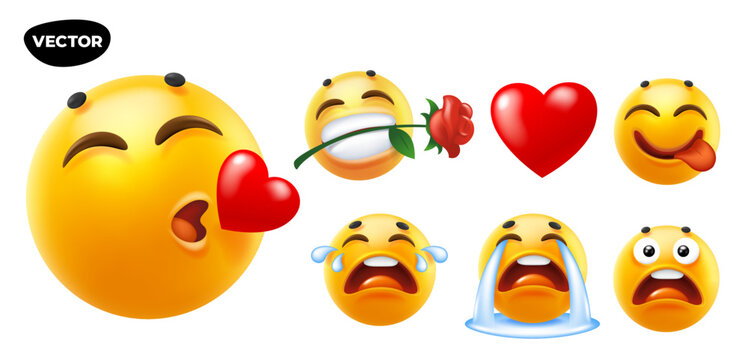 3d vector style design of funny set of emoji with toungue, flower, heart, tear and smile for social media. Vector cool collection of illustration of happy fun yellow emoticon with different emotion