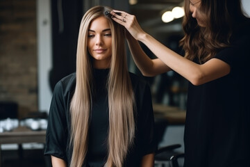 Hairdresser doing hair rebonding to long hair in the hair salon - Powered by Adobe