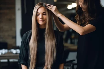  Hairdresser doing hair rebonding to long hair in the hair salon © Virtual Art Studio