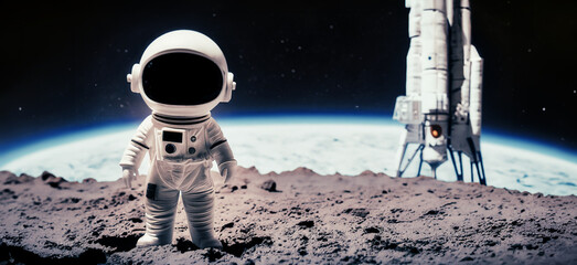 immagine primo piano di astronauta giocattolo nella tuta spaziale sulla superficie di una luna aliena, razzo spaziale, spazio scuro e pianeti sullo sfondo - obrazy, fototapety, plakaty