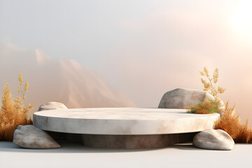 Stone podium platform in natural scenery landscape with mountains, For Presentation display cosmetics products branding, Empty minimal stage identity and packaging design, ai generate