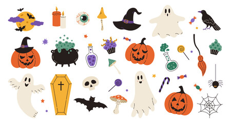 Halloween element set: hat, ghost, bat, candy, funny pumpkins, spider. Perfect for scrapbooking, greeting card, party invitation, poster, tag, stickers. Hand drawn vector illustration.
