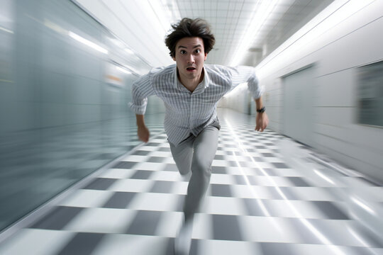 Man running towards you in hallway, escaping, fearful