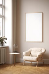 Frame mockup in contemporary minimalist beige room interior, 3d render, Generative AI