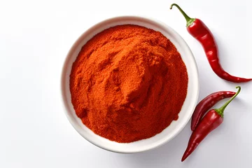 Foto auf Acrylglas Scharfe Chili-pfeffer Red hot chili with powder in bowl isolated on white background