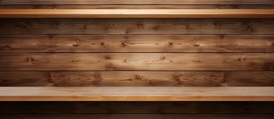 Blank wooden shelves and wall backdrop for displaying products with space for text