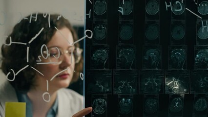 Glass board. A microbiology doctor looks carefully and studies an x-ray in the hospital. Camera in motion Experienced professional Brainstorming in a modern science center, glass board - Powered by Adobe