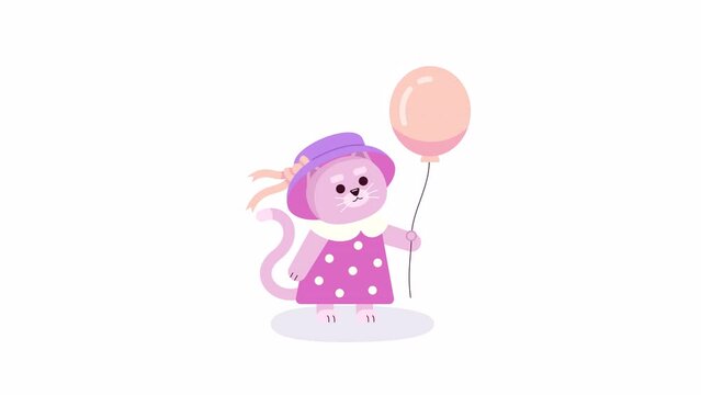Little female kitten holding balloon 2D character animation. Childlike cat standing in cute dress flat cartoon 4K video, transparent alpha channel. Kawaii animated animal on white background