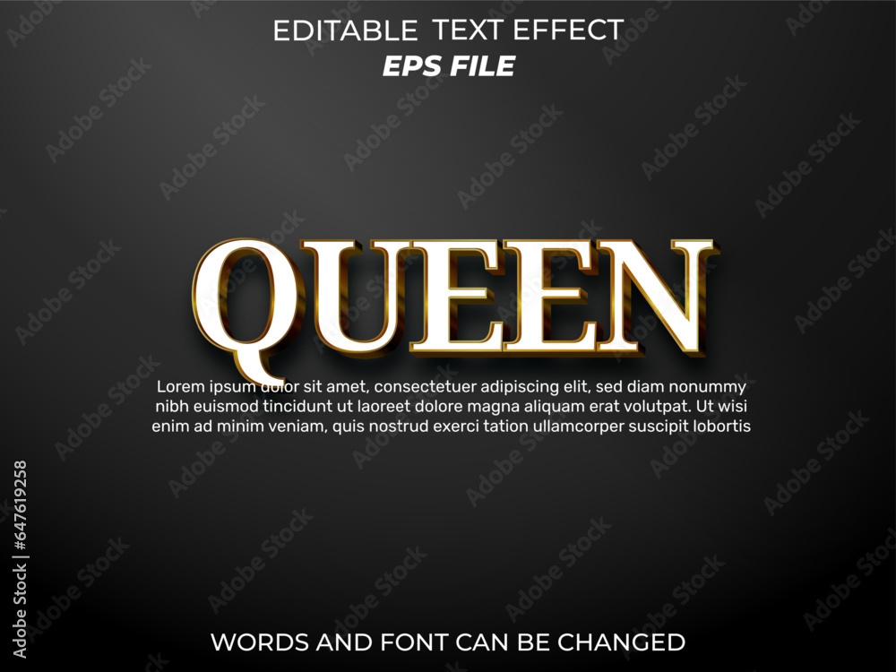 Poster queen editable text effect 3d font style use for logo and business brand. vector template