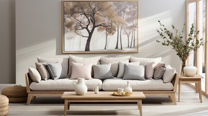 Fototapeta na wymiar Scandinavian Style Living Room with Beige Settee