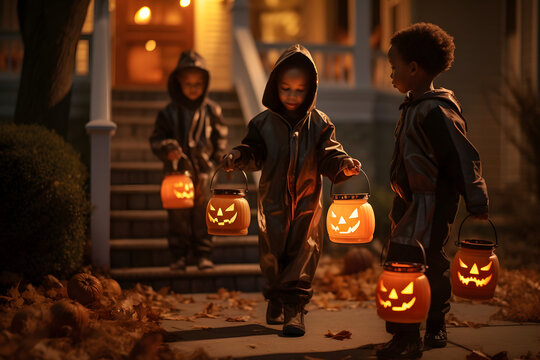 Child in halloween day, make up or custume to be the evil going to trick or treat with Jack O Lantern