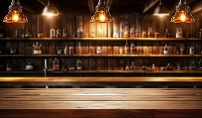 Fotobehang Urban elegance. Bar counter aesthetics. Empty glasses full stories. Night at pub. Empty wooden table. Restaurant ambiance © Wuttichai