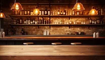 Fototapeta premium Urban elegance. Bar counter aesthetics. Empty glasses full stories. Night at pub. Empty wooden table. Restaurant ambiance