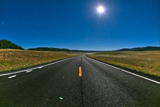 Arizona State Route 67 to Grand Canyon North Rim under Moonlight, Arizona, USA
