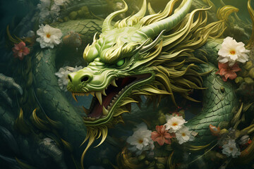 Fototapeta na wymiar Chinese New Year 2024, Green Dragon Vibrant Illustration, Combining Traditional Symbolism and Contemporary Design to Welcome Prosperity, Good Fortune, and Renewal