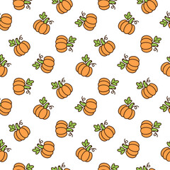 Cute seamless pattern with orange little pumpkin. For the season of harvest or Thanksgiving or Halloween. Vector illustration isolated on a white background.