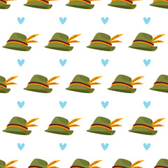 A simple, seamless pattern of Tyrolean caps and blue hearts. Oktoberfest.