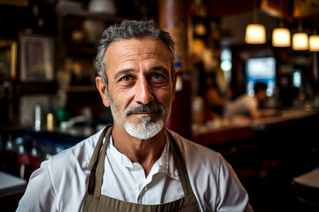 Fototapeta premium Smiling male business owner in an apron. Small cafe concept