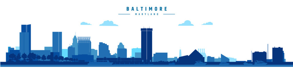 Baltimore city silhouette vector illustration on white background, Maryland, USA	 - obrazy, fototapety, plakaty