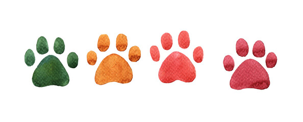 Watercolor illustration, set of footprints,paw print,,step, dog, cat, bear, red, green, blue, pink,isolated print