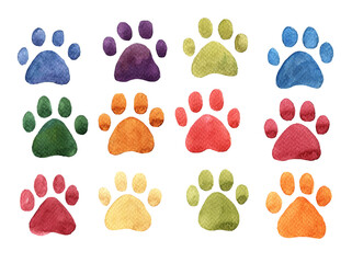 Watercolor illustration, set of colored footprints, paw print, step, dog, cat, bear, red, green, blue, purple, pink, isolated print