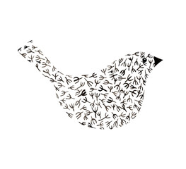 Bird,pigeon from paw print, pattern,black and white graphics,isolated on a white background