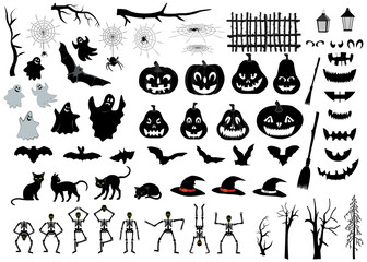 Big set of Halloween silhouettes, characters and elements. Vector illustration.