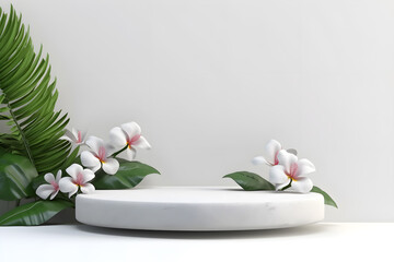 Fototapeta na wymiar Blank stone podium platform in flowers tropical plants decoration, For presentation display cosmetics products branding, Empty minimal stage identity and packaging design, ai generate
