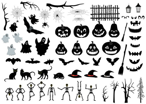 Big set of Halloween silhouettes, characters and elements. Vector illustration.