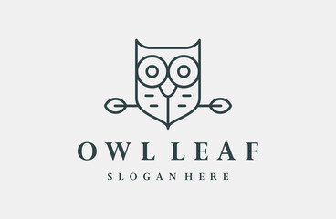 Owl logo with leaf icon vector design template