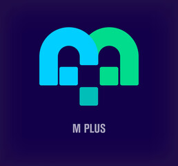 Plus sign and letter m plus combination idea logo. Unique color transitions. Health and medical service design template. vector.