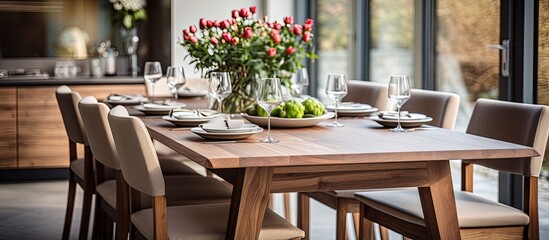 Fototapeta na wymiar A modern home with an elegant table setting has a wooden dining table and comfy chairs