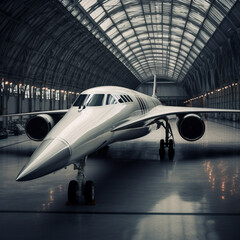 Fotografia de avion supersonico de pasajeros dentro de un hangar futurista