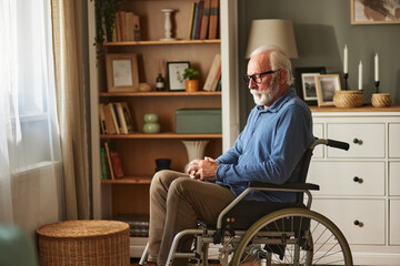 Elderly man sitting in wheelchair indoors, looking outside window