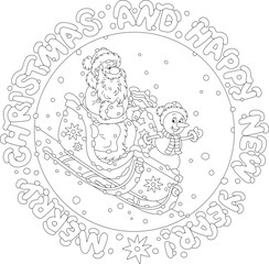Santa Claus and a funny snowman with a magic bag of holiday gifts sledding down a snow hill in a winter forest and waving in greeting, black and white vector cartoon illustration for a coloring book