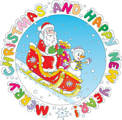 Happy New Year and Merry Christmas card with Santa Claus and a funny toy snowman with a magic bag of holiday gifts sledding down a snow hill and waving in greeting, vector cartoon illustration
