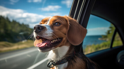 Traveling dog in a car. A happy dog, sticking his head out of the car, enjoys the trip, the adventure, and catches a tailwind.