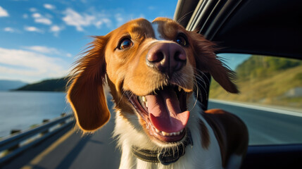 Traveling dog in a car. A happy dog, sticking his head out of the car, enjoys the trip, the adventure, and catches a tailwind.