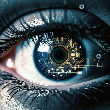 Fotografia de primer plano de ojo con indicaciones y simbolos digitales dentro del iris