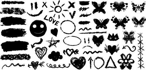 Y2k emo grunge set elements. Banners with brush strokes with splashes and drops. Hearts, star, butterflies paint strokes, graffiti splashes, brush, rough strokes, spots, underlines, stripes. Vector