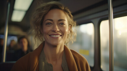 Morning Glow in Transit: A Cheerful Middle-Aged Caucasian Woman Journeys by Tram, Sharing Smiles Amidst City Commuters, Captured in the Camera's Embrace.