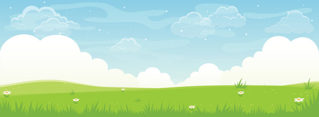 Fototapeta na wymiar Beautiful summer fields landscape with a green hills, bright blue sky and clouds