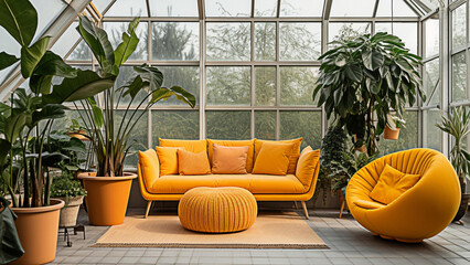 Orange and yellow sofa and orange chair in the greenhouse. Scandinavian home interior design of modern living room with many houseplants.