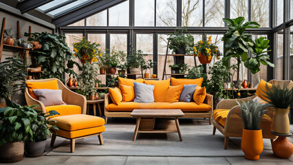Projekt bez nOrange and yellow sofa and orange chair in the greenhouse. Scandinavian home interior design of modern living room with many houseplants.azwy - 4 - obrazy, fototapety, plakaty