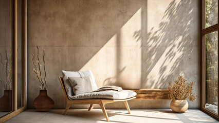 Lounge chair near the window against the beige stucco wall. Rustic interior design of modern living room in country house with a lot of sunlights