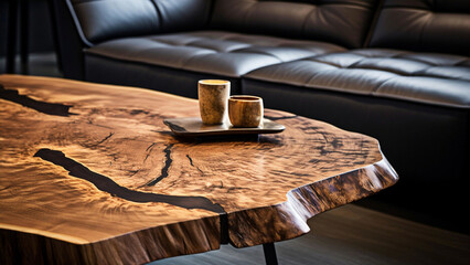 Wooden luxury table with cups and big black sofa