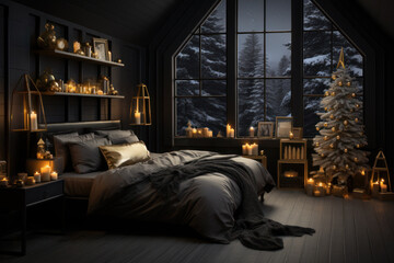 A serene black minimal bedroom with gold holiday decor, featuring a cozy bed with festive pillows and blankets for a peaceful Christmas Eve. Generative Ai