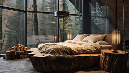 Rustic interior design of modern bedroom with wooden bed and forest view.